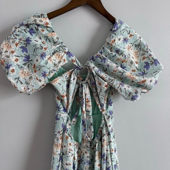 ASTR THE LABEL | Women’s Puff Sleeve Floral Cotton Midi Dress Bubble Blue Spring - Picture 6 of 12